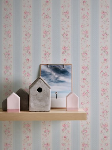 Galerie Vintage Rose Stripe Motif Blue / Pink / White Wallpaper Room