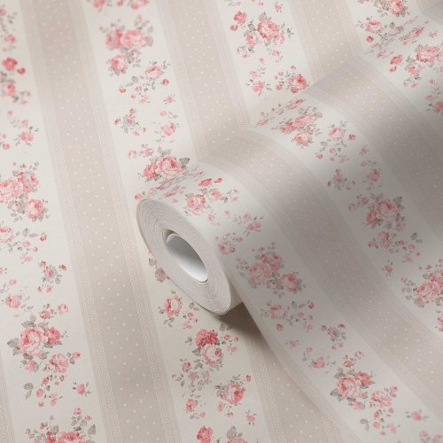 Galerie Vintage Rose Stripe Motif Beige / Pink / White Wallpaper Roll