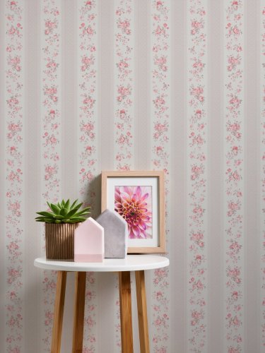 Galerie Vintage Rose Stripe Motif Beige / Pink / White Wallpaper Room