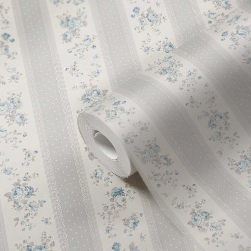 Galerie Vintage Rose Stripe Motif Blue / Grey / White Wallpaper Roll