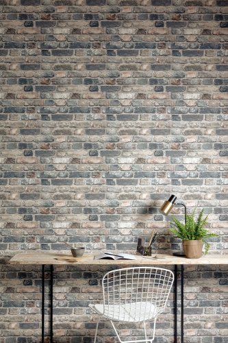 Grandeco Rustic Industrial Charcoal Brick Wallpaper Room