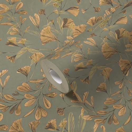 Biloba Olive and Gold wallpaper roll shot with botanical design.