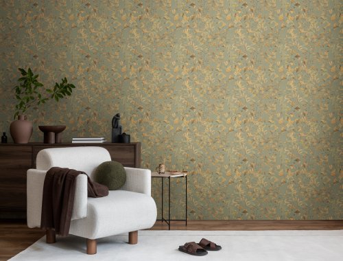 Biloba Olive and Gold wallpaper styled in a modern interior.