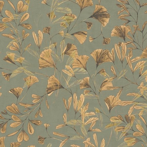 Elegant ginkgo leaf wallpaper in soft olive and gold tones.