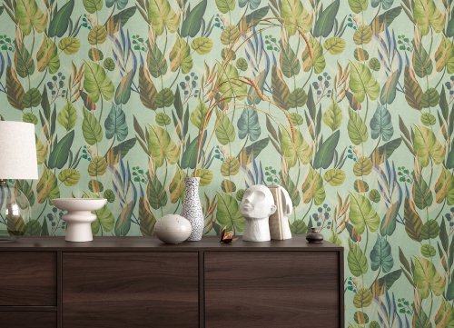 Contemporary botanical wallpaper with lush green foliage