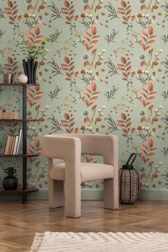 Elegant floral wallpaper with sage, ember, and blue tones.