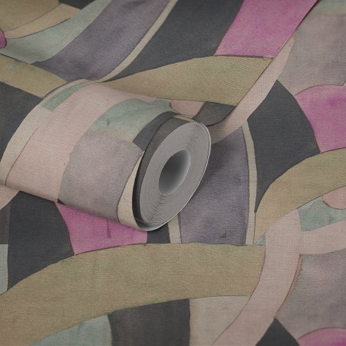 Roll shot of Anna DiAndrea Echoed Form wallpaper in charcoal, blush, and sage