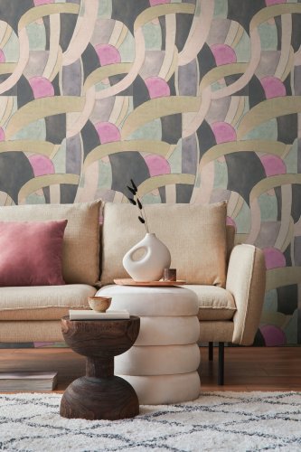 Charcoal, blush, and sage tones in Echoed Form wallpaper