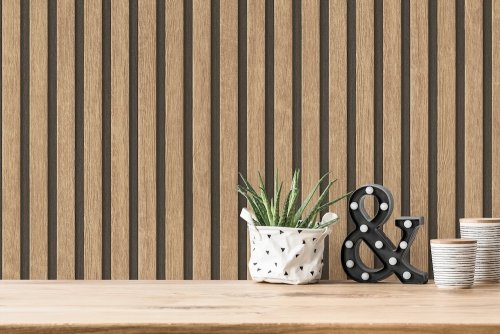 Vertical wood-effect wallpaper featuring slats and a realistic wood panelling design