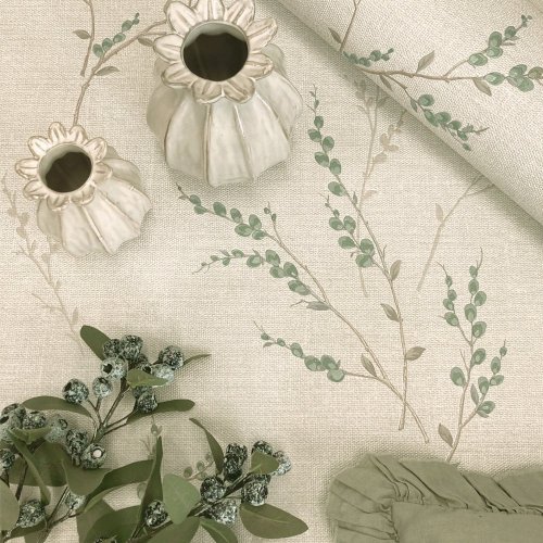 Nature-inspired wallpaper design with taupe branches and green leaves