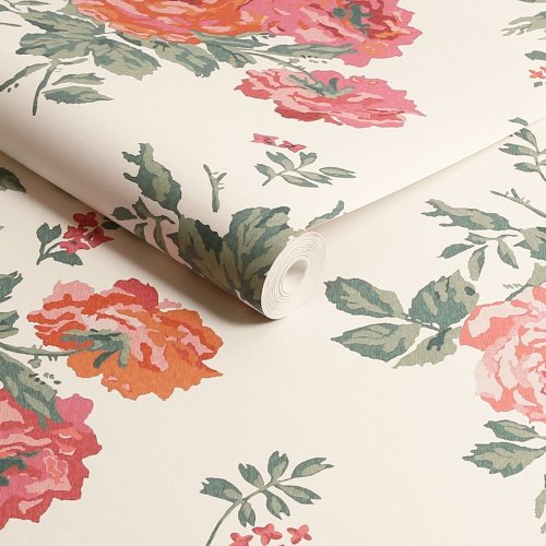 Archive Rose Pink Blooms wallpaper roll showcasing Cath Kidston's vintage floral design.