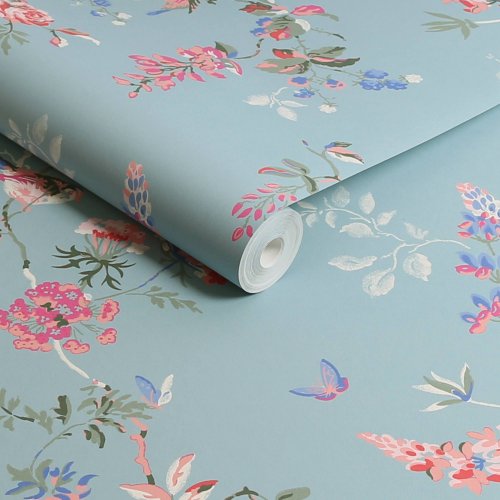 Birds and Roses Summer wallpaper roll featuring delicate hand-painted floral and bird design.