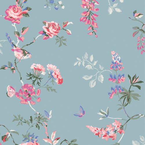 Birds and Roses Summer wallpaper swatch with pink birds and floral branches on a duck egg blue background.