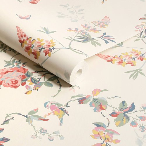 Room decorated with Birds and Roses Spring wallpaper, showcasing soft pastel birds and flowers against a cream backdrop