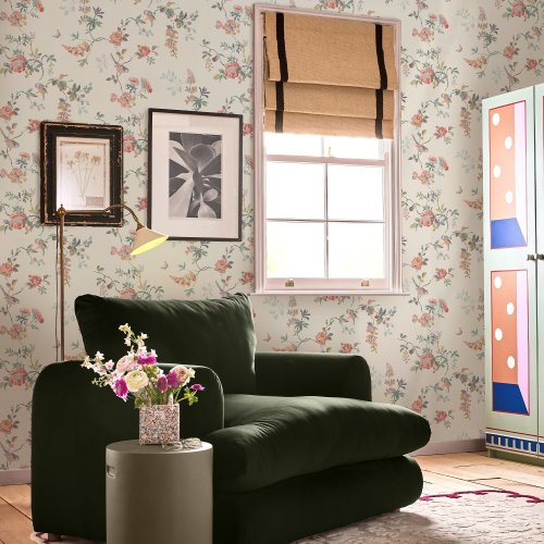 Birds and Roses Spring wallpaper roll featuring delicate hand-painted floral and bird design.