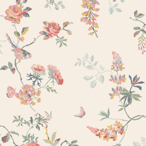 Birds and Roses Spring wallpaper swatch with pastel birds and floral branches on a cream background