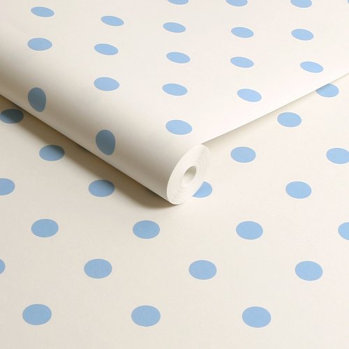 Roll of Button Spot Blue wallpaper showcasing classic polka dot design