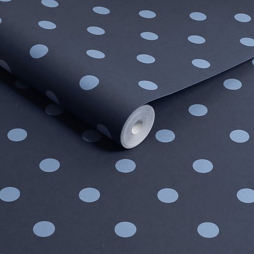 Roll of Button Spot Navy wallpaper showcasing a classic polka dot design