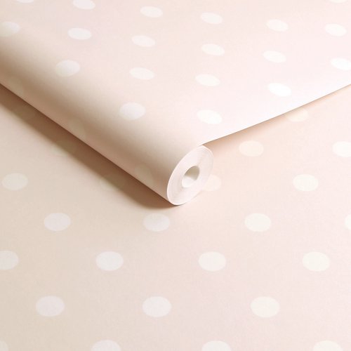 Roll of Button Spot Pink wallpaper showcasing classic polka dot design