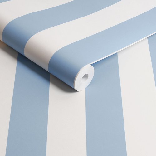 Roll of Canopy Stripe Blue wallpaper showcasing bold striped design