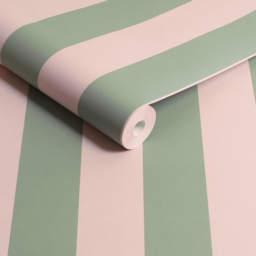 Roll of Canopy Stripe Green & Pink wallpaper showcasing vibrant striped design