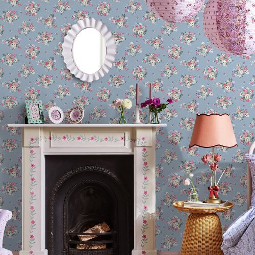 Room decorated with Clifton Floral Blue wallpaper featuring blooming flowers and butterflies