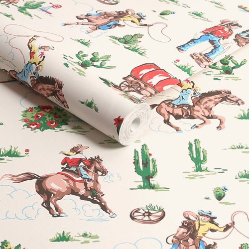 Roll of Cowgirls Multi wallpaper showcasing colourful cowgirl design with cacti and wagons