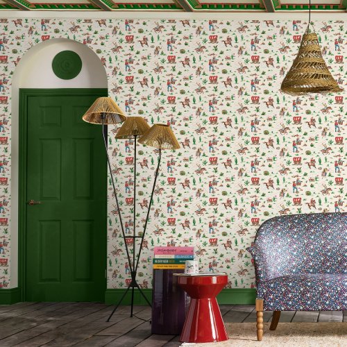 Room decorated with Cowgirls Multi wallpaper, featuring playful western-inspired illustrations