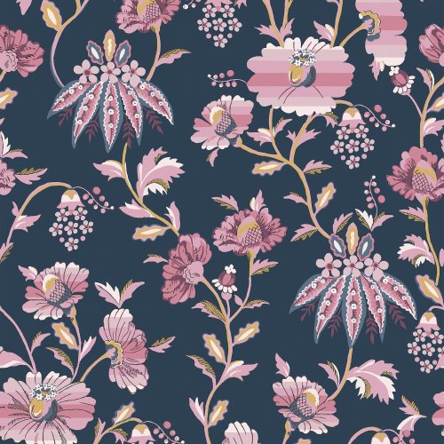 Friendship Garden Navy wallpaper with pink and white Jacobean florals on a dark navy background