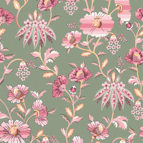 Friendship Garden Sage wallpaper with pink and white Jacobean florals on a khaki green background