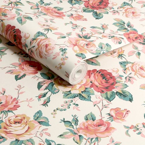 Garden Rose Autumn wallpaper roll showcasing Cath Kidston's floral design with pale gold accents.