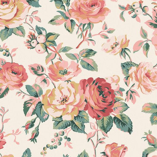 Garden Rose Autumn wallpaper swatch with pink roses and green leaves on a vintage-inspired design.