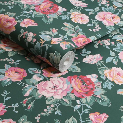 Garden Rose Autumn wallpaper roll showcasing Cath Kidston's floral design with pale gold accents