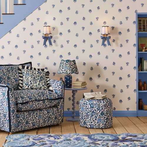 Room decorated with Kingdom Posey Blue wallpaper featuring a soft, fresh floral pattern