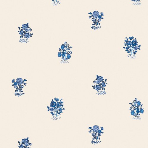 Kingdom Posey Blue wallpaper with blue strawberry plants and rose bouquets on a cream background