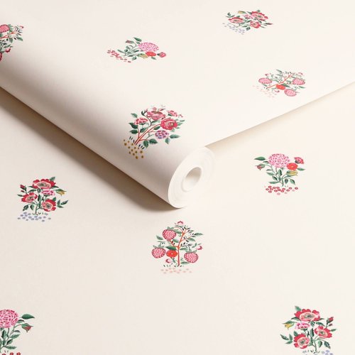 Roll of Kingdom Posey Rose wallpaper showcasing floral designs in pink, red, and yellow hues