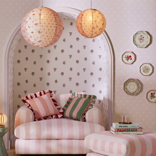 Room decorated with Kingdom Posey Rose wallpaper featuring delicate floral and foliage patterns