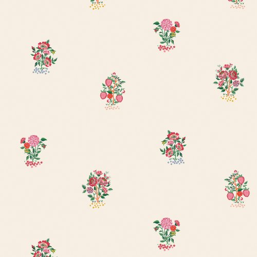 Kingdom Posey Rose wallpaper with strawberry plants and rose bouquets on a cream background