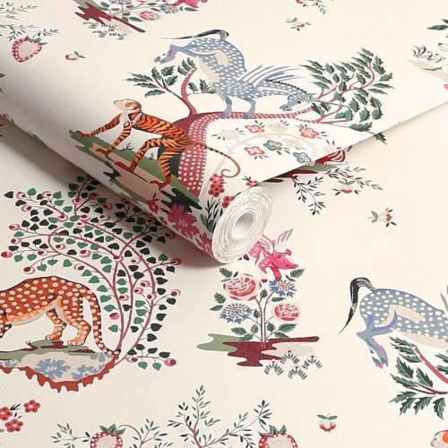 Roll of Painted Kingdom Natural wallpaper showcasing pastel spheres with playful animals and florals