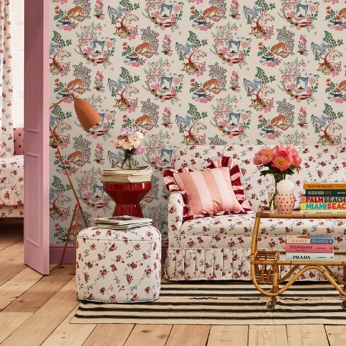 Room decorated with Painted Kingdom Natural wallpaper featuring unicorns, leopards, and other fantasy-inspired creatures