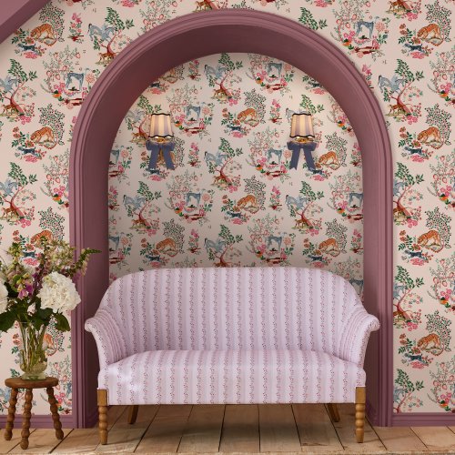 Room decorated with Painted Kingdom Pink wallpaper, featuring unicorns, leopards, and other fantasy-inspired creatures