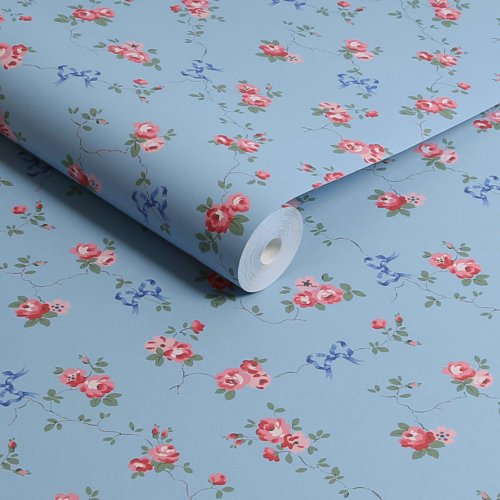 Roll of Rose & Bows Blue wallpaper showcasing floral bouquets with blue ribbon details