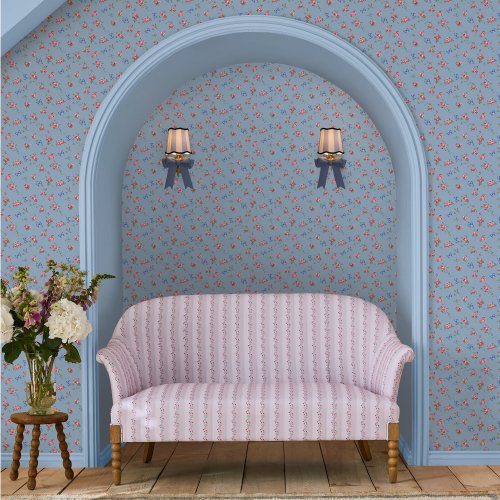 Room decorated with Rose & Bows Blue wallpaper, featuring delicate flowers against a sky blue backdrop