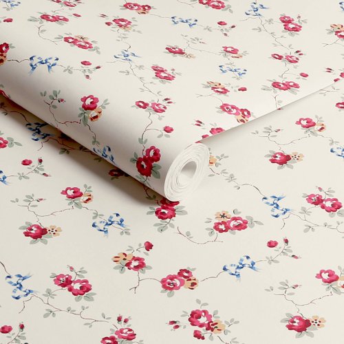 Roll of Rose & Bows Cream wallpaper showcasing floral bouquets with ribbon details