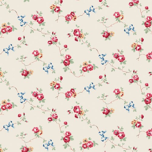 Rose & Bows Cream wallpaper with pastel roses and blue ribbon bows on a cream background