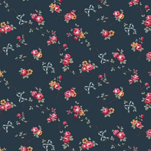 Rose & Bows Navy wallpaper with mustard yellow, coral pink, and cranberry red roses on a navy background