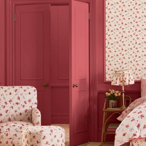 Interior wall painted in Roses & Bows for a rustic, vintage look