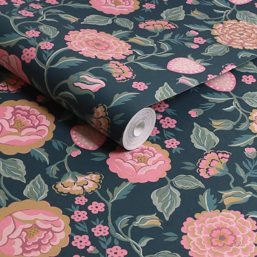 Strawberry Garden Navy wallpaper roll showcasing Cath Kidston's floral design with mid-sage green stems.