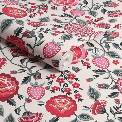 Strawberry Garden Rose wallpaper roll showcasing Cath Kidston's fruit and floral design with leafy green vines