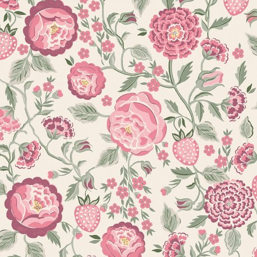 Strawberry Garden Spring wallpaper swatch with pink and plum strawberries and roses on a cream background.